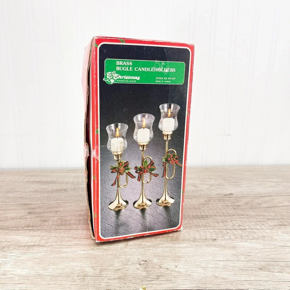 Vintage Brass Horn‎ Candlestick Set: MCM Holiday Votive Holders